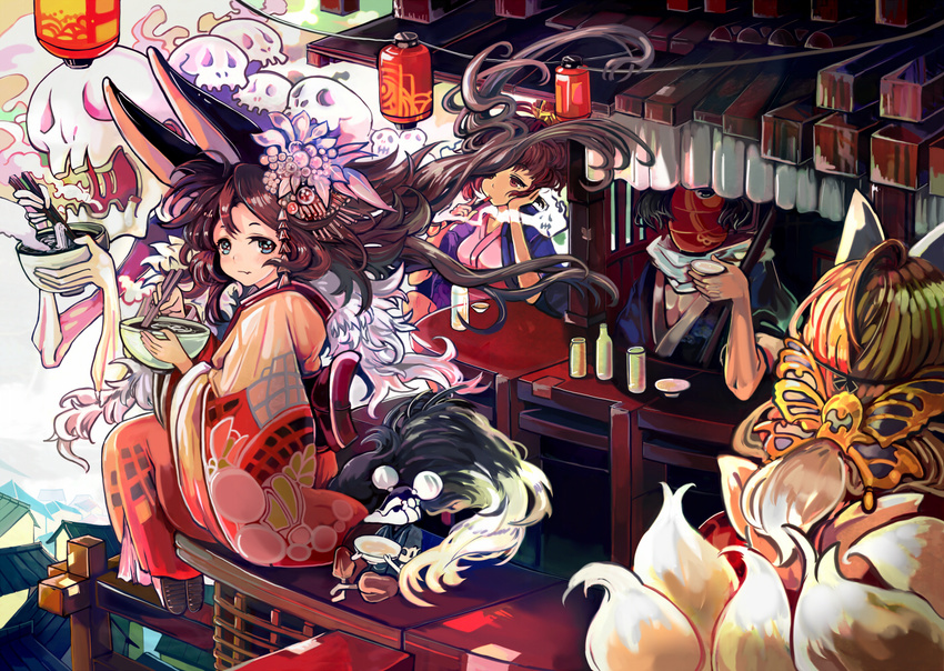 animal_ears blonde_hair blue_eyes brown_hair cat_ears drinking eating flower food fox_tail hair_ornament lantern long_hair mask mouse multiple_girls original sasurai_susuki skull tail