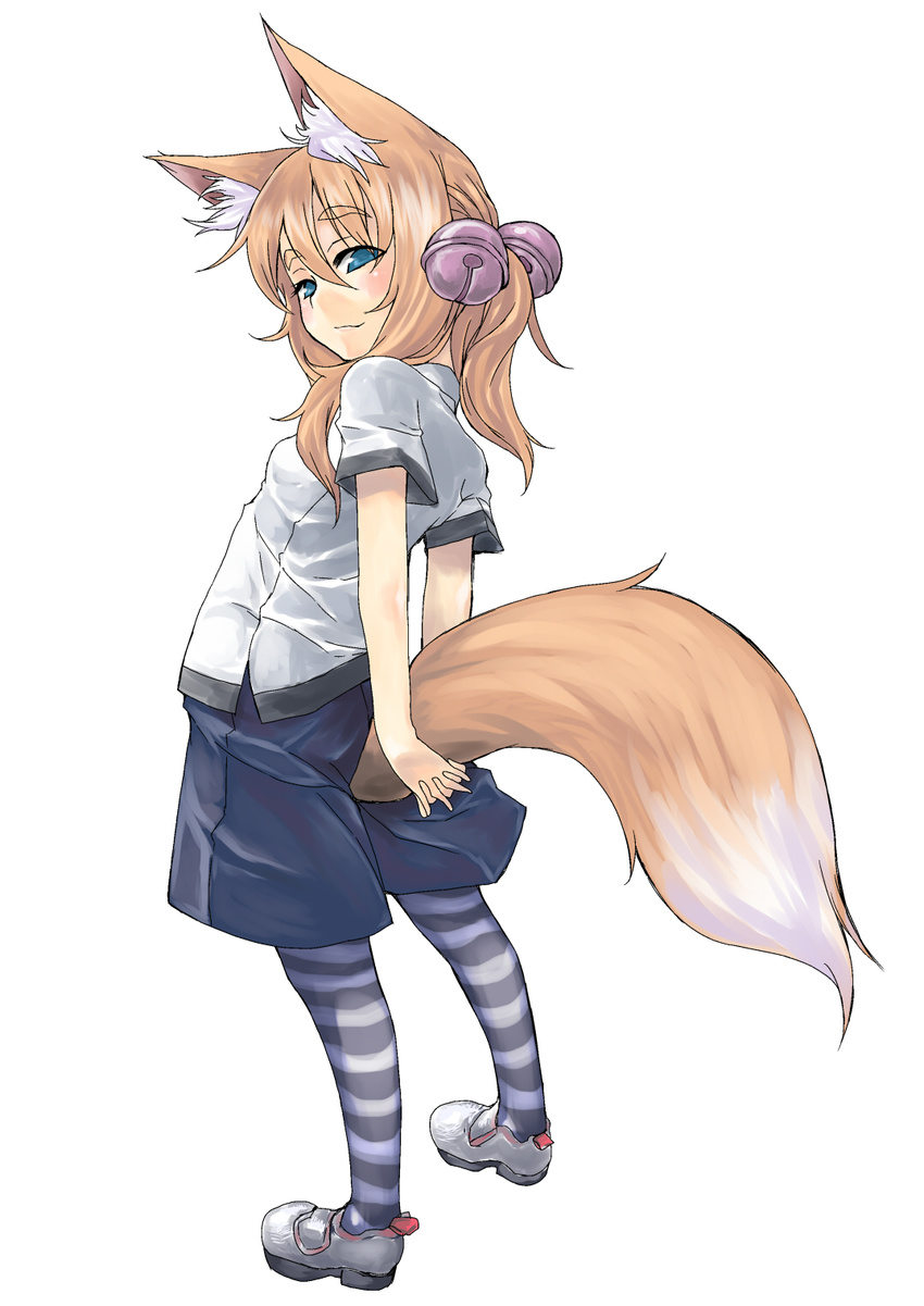 animal_ears arms_behind_back bell blush fox_ears fox_tail highres jingle_bell legwear_under_shorts looking_back original pantyhose pirocch shorts simple_background smile solo striped striped_legwear tail white_background