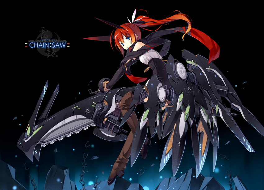 armor black_background blue_eyes boots chainsaw elbow_gloves english floating_hair gloves gun machinery mecha_musume original poco_(asahi_age) red_hair rifle simple_background standing thigh_boots thighhighs weapon wind