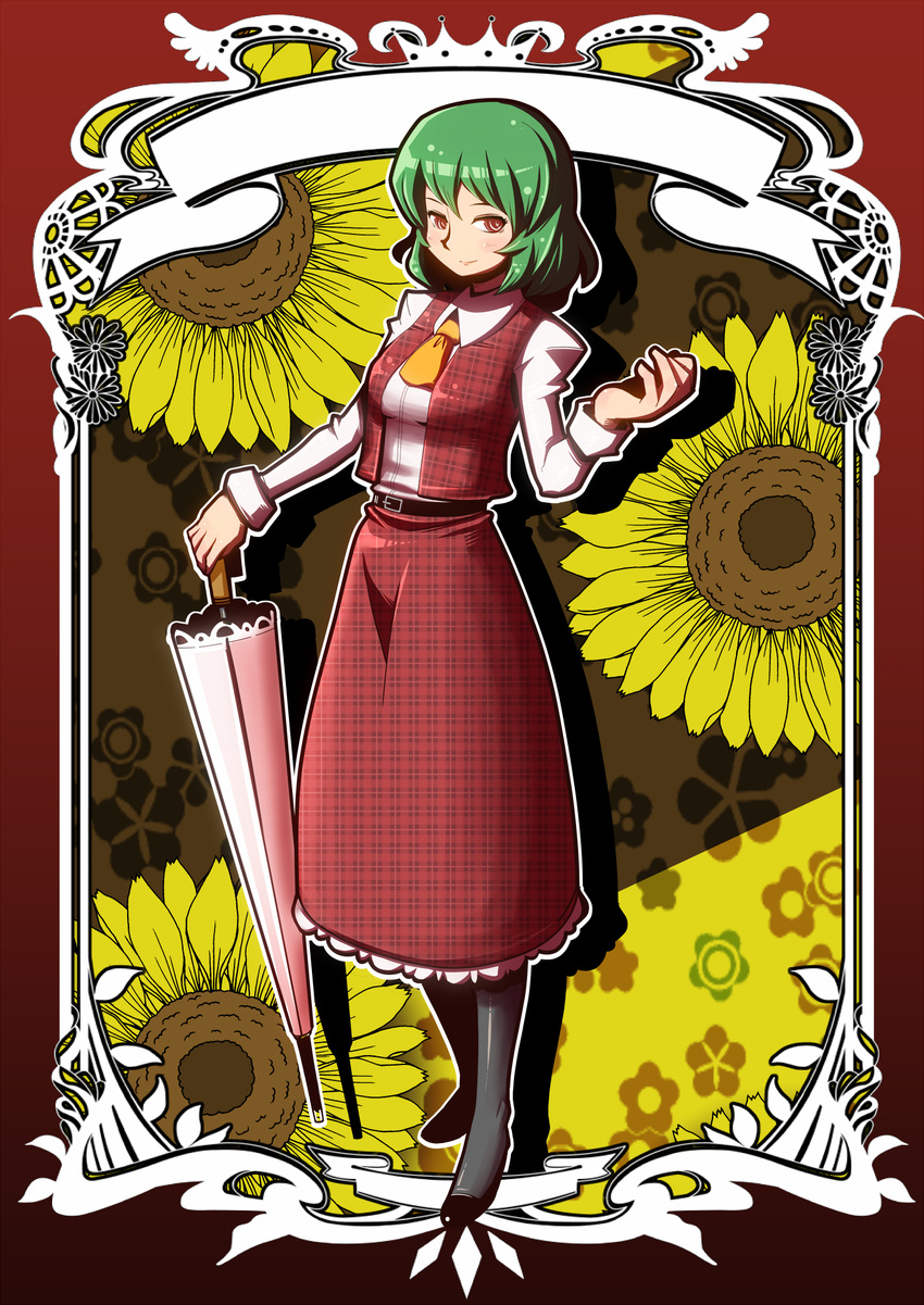 ascot belt flower green_hair highres kazami_yuuka long_sleeves maru-sun pantyhose red_eyes short_hair solo sunflower touhou umbrella