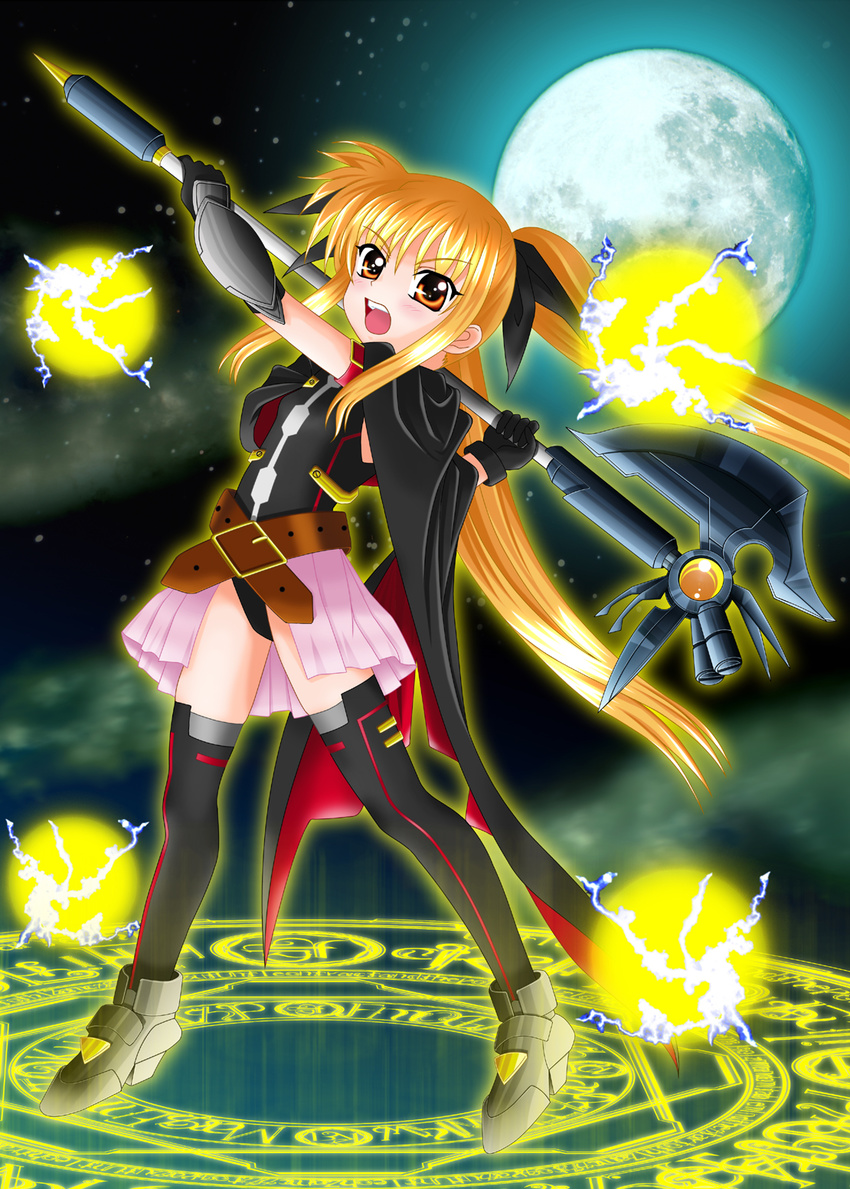 :o angry arm_strap armor asymmetrical_gloves aura bardiche belt black_gloves black_legwear blonde_hair blush buckle electricity energy_ball fate_testarossa fighting_stance flat_chest floating_hair from_side full_body full_moon gloves greaves hair_ribbon halberd high_heels highres holding holding_weapon kashii_minazuki leaning_back legs_apart leotard light_trail long_hair looking_at_viewer loose_belt lyrical_nanoha magic_circle magical_girl mahou_shoujo_lyrical_nanoha mahou_shoujo_lyrical_nanoha_a's mahou_shoujo_lyrical_nanoha_the_movie_2nd_a's miniskirt moon open_mouth orange_eyes over_shoulder pleated_skirt polearm ribbon runes skirt solo standing thighhighs twintails v-shaped_eyebrows vambraces very_long_hair weapon weapon_over_shoulder