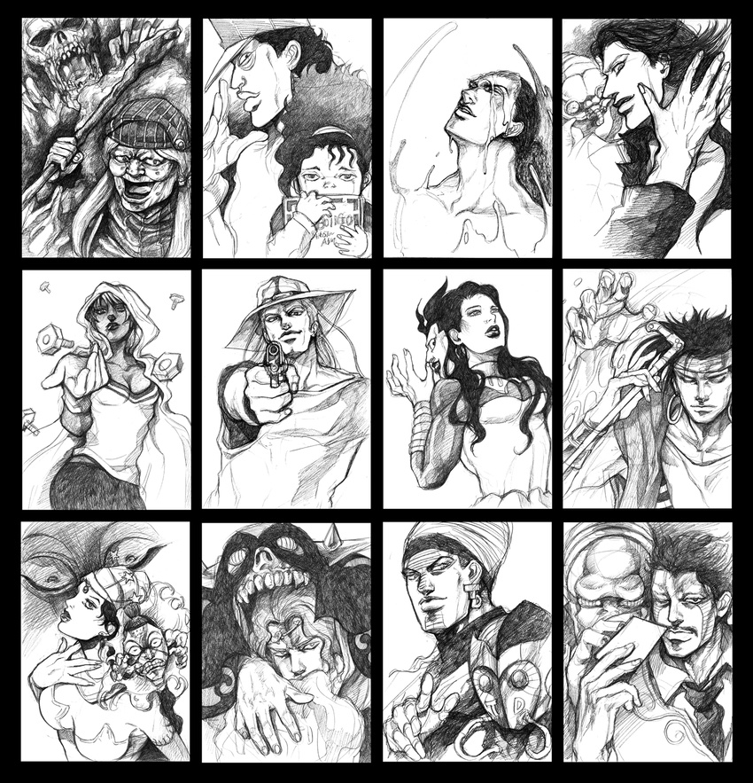 6+boys boingo bud_(korovsme) character_request cream_(stand) daniel_d'arby devo graphite_(medium) greyscale highres hol_horse jojo_no_kimyou_na_bouken mariah midler monochrome multiple_boys multiple_girls n'doul oingo rubber_soul stand_(jojo) stardust_crusaders steely_dan terence_trent_d'arby traditional_media vanilla_ice