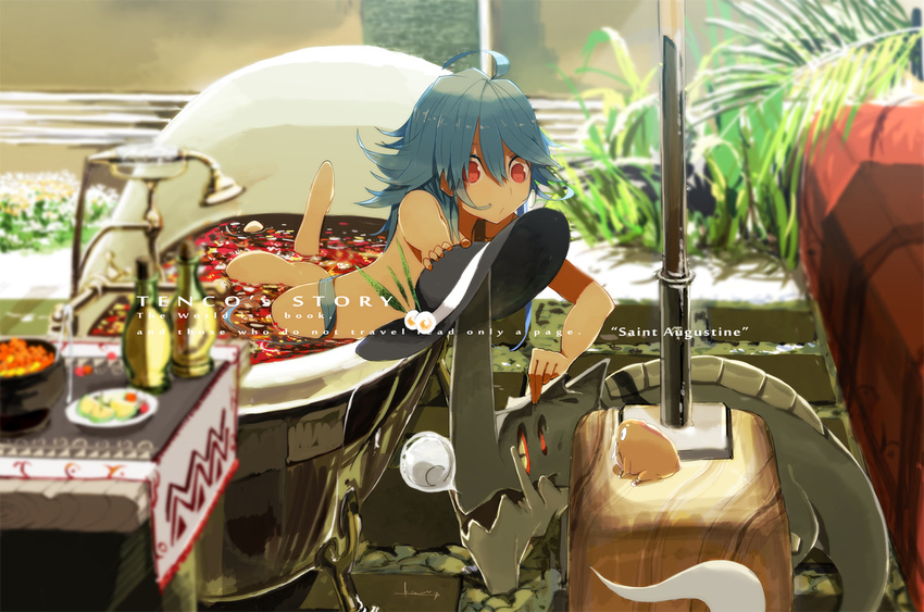 ahoge animal bath blue_hair cover cover_page frog hand_on_headwear hat hat_removed hat_ribbon headwear_removed hinanawi_tenshi monster nude petals petals_on_liquid ribbon rose_petals short_hair siirakannu solo touhou