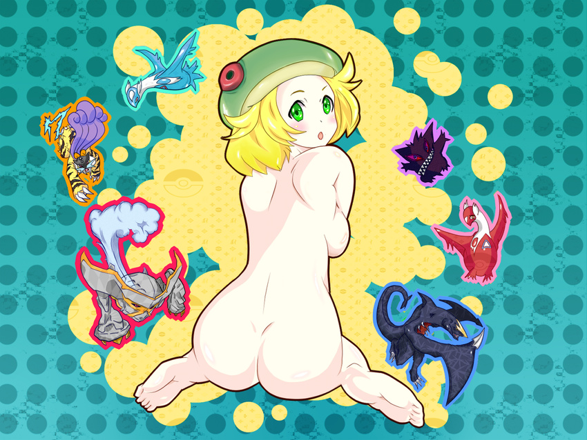 alternate_color aqua_background ass back barefoot bel_(pokemon) beret bird blonde_hair blush breasts claws commentary_request dimples_of_venus dragon electricity feet flying from_behind full_body garchomp gen_1_pokemon gen_2_pokemon gen_3_pokemon gen_4_pokemon gengar green_eyes green_hat hat hips latias latios legendary_pokemon logo looking_at_viewer looking_back medium_breasts medium_hair metagross nude open_mouth outline papipurio poke_ball_symbol pokemon pokemon_(creature) pokemon_(game) pokemon_bw polka_dot polka_dot_background raikou sharp_teeth shiny_pokemon sideboob sitting size_difference smoke soles surprised teeth tiger wariza yellow_background