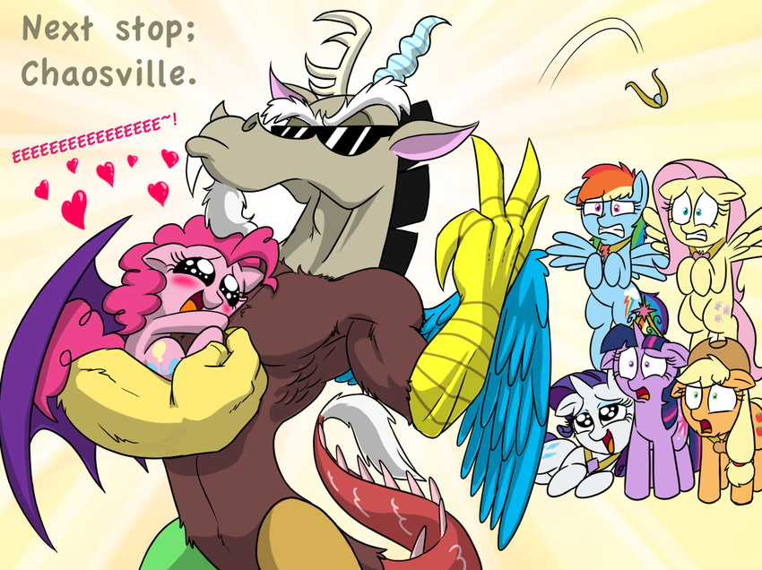 &lt;3 applejack_(mlp) cowboy_hat cutie_mark discord_(mlp) draconequus english_text equine eyewear female feral fluttershy_(mlp) friendship_is_magic group hair hat horn horse male mammal mickeymonster multi-colored_hair my_little_pony necklace pegasus pinkie_pie_(mlp) pony rainbow_dash_(mlp) rainbow_hair rarity_(mlp) sunglasses text twilight_sparkle_(mlp) unicorn wings