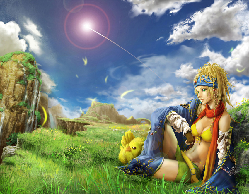 bad_id bad_pixiv_id bikini bikini_top blanket blonde_hair blue_headband breasts cape chicobo cleavage cloud day final_fantasy final_fantasy_x final_fantasy_x-2 gloves grass green_eyes headband highleg highleg_bikini large_breasts lens_flare long_hair midriff navel rikku rinzou_(dangan) scarf scenery sitting skirt sky swimsuit