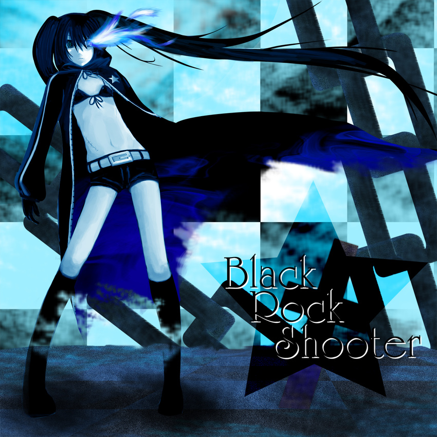 black_hair black_rock_shooter black_rock_shooter_(character) blue_eyes chain highres long_hair midriff momoda_yasuhito shorts solo twintails