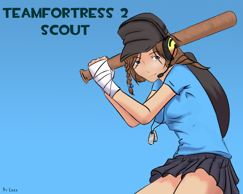 baseball_bat blue_eyes brown_hair hat miniskirt skirt solo team_fortress_2 wallpaper weapon
