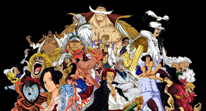 1girl 6+boys age_difference amputee bartholomew_kuma baseball_cap bird black_background black_hair blonde_hair blue_hair blue_skin boa_hancock borsalino_(kizaru) buggy_the_clown cigar crossed_arms donquixote_doflamingo dracule_mihawk earrings edward_newgate emporio_ivankov facial_hair female fight fighting fighting_stance glasses grandfather hat hat_removed headwear_removed hook_hand jewelry jimbei kuzan_(aokiji) male marco marine marineford marshall_d_teach military military_uniform monkey_d_garp monkey_d_luffy monster_boy multiple_boys mustache necklace necktie one_piece open_clothes open_shirt pirate portgas_d_ace sakazuki_(akainu) scar seagull sengoku_(one_piece) shanks shichibukai shirt siblings silvers_rayleigh simple_background sir_crocodile sleep_mask smoke smoking sunglasses tongue trafalgar_law uniform white_hair