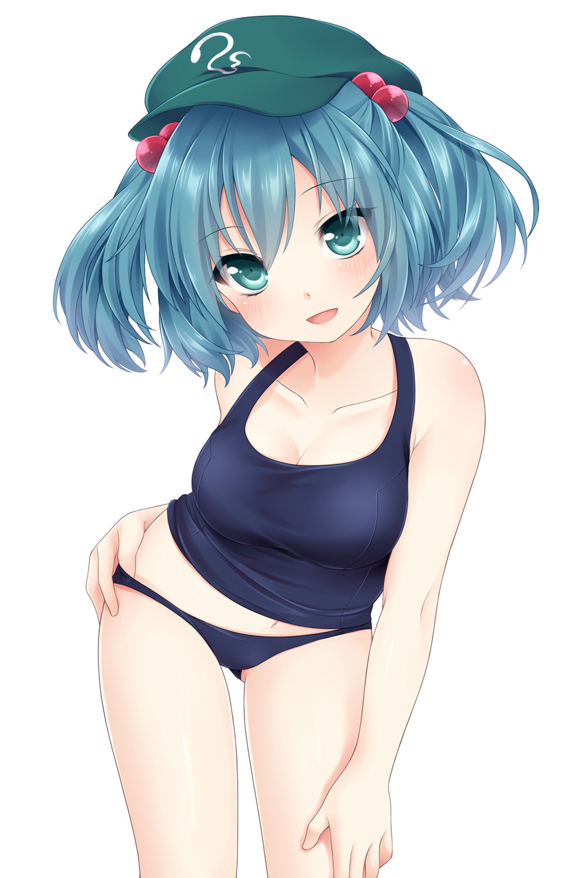 aqua_eyes bad_id bad_pixiv_id blue_hair blush breasts cleavage collarbone etou_(cherry7) hair_bobbles hair_ornament hat highres kawashiro_nitori medium_breasts navel one-piece_swimsuit open_mouth school_swimsuit school_swimsuit_flap short_hair solo swimsuit touhou two_side_up white_background