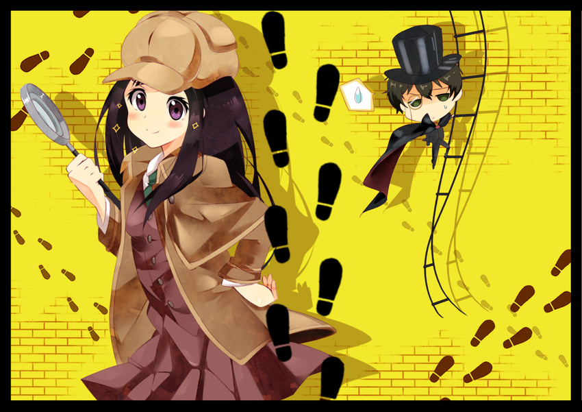 1girl chibi chitanda_eru coat cosplay detective footprints hat hyouka kimi_ni_matsuwaru_mystery ladder magnifying_glass necktie oreki_houtarou uminekoritorubasuta-zu