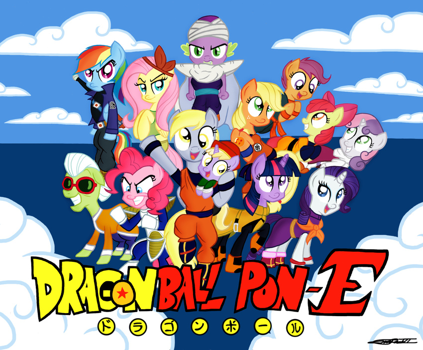 applebloom_(mlp) applejack_(mlp) crossover cutie_mark_crusaders_(mlp) derpy_hooves_(mlp) dinky_hooves_(mlp) dragon dragon_ball dragon_ball_z english_text equine female fluttershy_(mlp) friendship_is_magic granny_smith_(mlp) hair horn horse male mammal multi-colored_hair my_little_pony pegasus pinkie_pie_(mlp) pony rainbow_dash_(mlp) rarity_(mlp) scootaloo_(mlp) spike_(mlp) sweetie_belle_(mlp) text twilight_sparkle_(mlp) unicorn wings