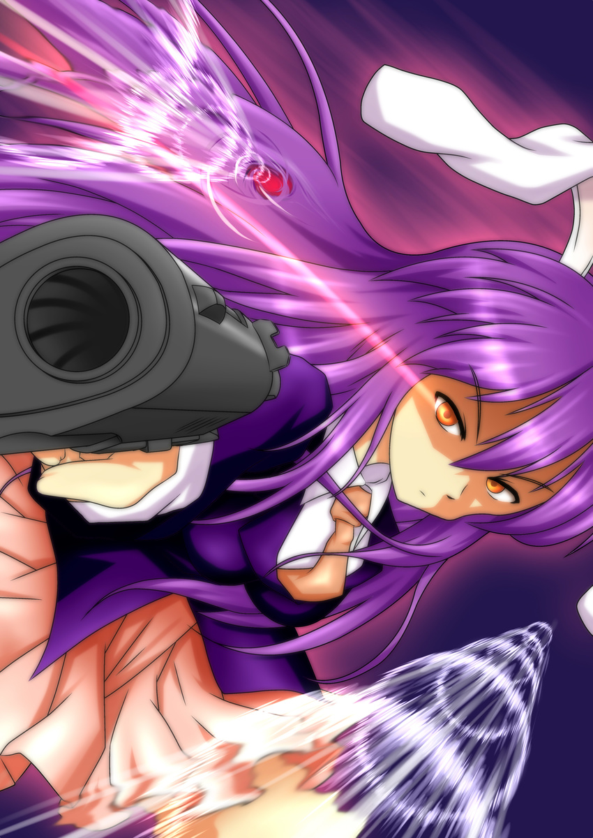absurdres aiming_at_viewer animal_ears bullet bunny_ears dutch_angle finger_on_trigger foreshortening glowing glowing_eyes gun handgun highres holding holding_gun holding_weapon long_hair long_sleeves meitou_muku necktie purple_hair reisen_udongein_inaba solo touhou very_long_hair weapon yellow_eyes