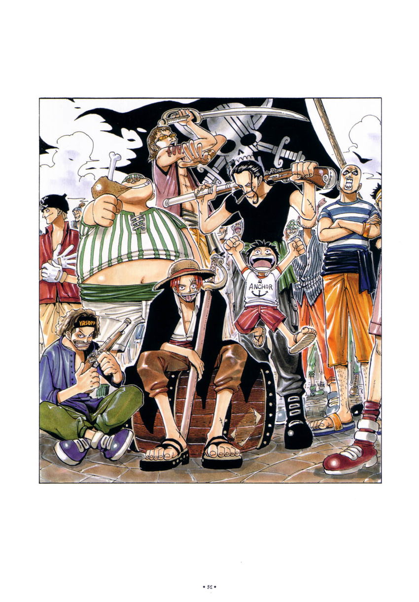 6+boys anchor anchor_(symbol) bald barrel ben_beckman black_hair black_shirt border child cigarette cover cover_page cutlas east_blue eating food gloves gun happy hat highres jacket_on_shoulders jolly_roger jump jumping lucky_roux male male_focus meat monkey_d_luffy multiple_boys muscle oda_eiichiro oda_eiichirou official_art one_piece orange_pants pink_hair pirate pirate_flag red_hair saber_(weapon) sandals scar shanks sheath sheathed_sword shirt shorts sitting smile smoking standing straw_hat striped striped_shirt sunglasses sword t-shirt tattoo tongue weapon white_gloves yasopp