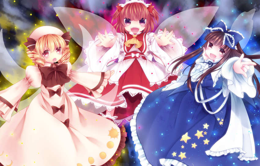 ascot bad_id bad_pixiv_id blonde_hair bow brown_eyes brown_hair curly_hair frills hair_bow hat highres hime_cut long_hair long_skirt long_sleeves luna_child mikazuki_sara multiple_girls obi puffy_sleeves sash short_hair skirt star star_sapphire sun sunny_milk touhou twintails wide_sleeves wings