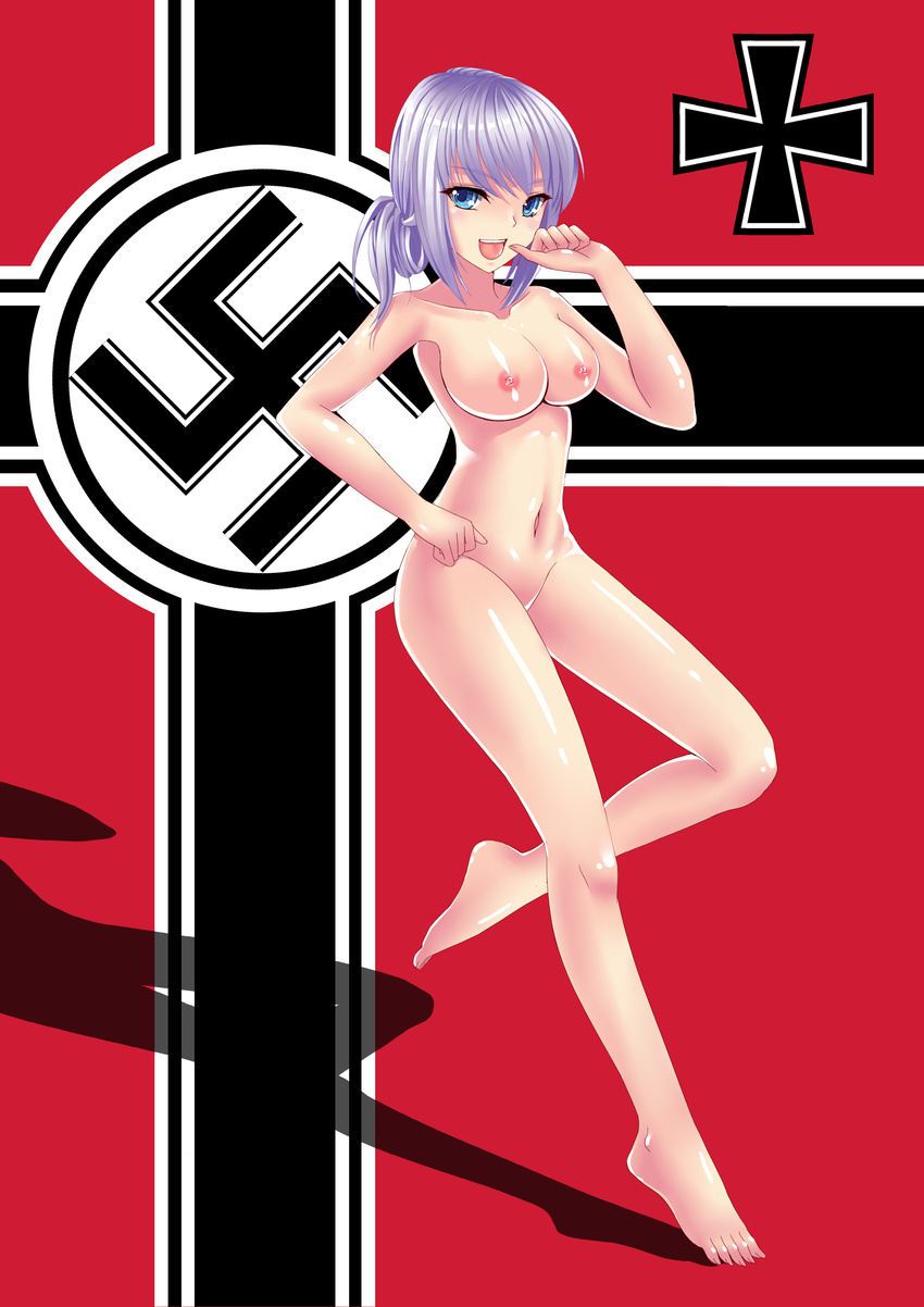 :d absurdres bad_id bad_pixiv_id barefoot blue_eyes breasts highres looking_at_viewer medium_breasts mizutsuki_rei nazi_war_ensign nipples nude open_mouth original purple_hair shadow shiny shiny_skin smile swastika whip