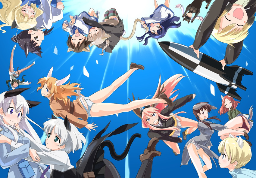 6+girls animal_ears ass black_legwear blonde_hair blue_eyes blush brave_witches brown_eyes brown_hair charlotte_e_yeager closed_eyes eila_ilmatar_juutilainen erica_hartmann everyone flying francesca_lucchini gertrud_barkhorn green_eyes hanna-justina_marseille hug long_hair lynette_bishop minna-dietlinde_wilcke missile miyafuji_yoshika mozu_(peth) multiple_girls nikka_edvardine_katajainen orange_hair panties pantyhose perrine_h_clostermann pink_hair rocket sakamoto_mio sanya_v_litvyak smile strike_witches striped striped_legwear tail thighhighs underwear weapon white_panties world_witches_series yamakawa_michiko