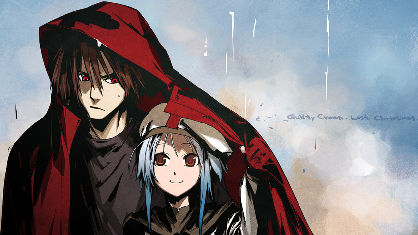 1girl bangs beret blue_hair brown_hair carol_(guilty_crown) chuuou_higashiguchi coat copyright_name couple eye_contact gradient_hair guilty_crown guilty_crown_lost_christmas hair_between_eyes hat height_difference hetero highres hood hood_up light_smile looking_at_another looking_down looking_up multicolored_hair official_art open_clothes open_coat orange_eyes outdoors rain red_eyes scrooge_(guilty_crown) shared_clothes shared_coat short_hair sidelocks smile sweatdrop turtleneck upper_body wallpaper wet wet_clothes white_hair widescreen