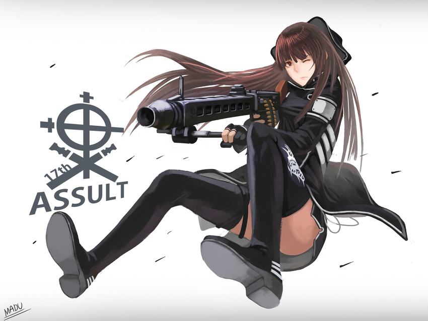 absurdres bangs blunt_bangs boots brown_eyes brown_hair fingerless_gloves gloves gun hat highres long_hair machine_gun madu mg42 one_eye_closed original shoes skirt solo thighhighs weapon