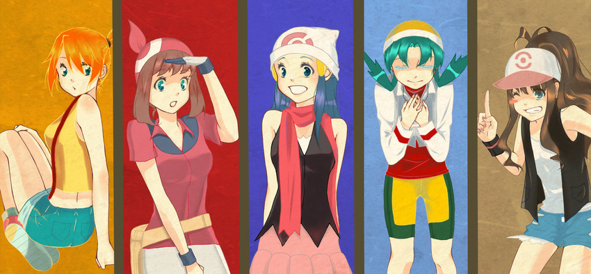 5girls aqua_background bandana bandanna bangs baseball_cap beanie bike_shorts blue_background blue_eyes blue_hair brown_background brown_hair crystal_(pokemon) denim denim_shorts gloves hair_ornament haruka_(pokemon) hat hikari_(pokemon) kasumi_(pokemon) long_hair multiple_girls open_mouth orange_background orange_hair pokemon pokemon_(anime) pokemon_(game) pokemon_bw pokemon_dppt pokemon_gsc pokemon_rse red_background red_scarf scarf short_hair shorts side_ponytail skirt tamakkun touko_(pokemon) twintails