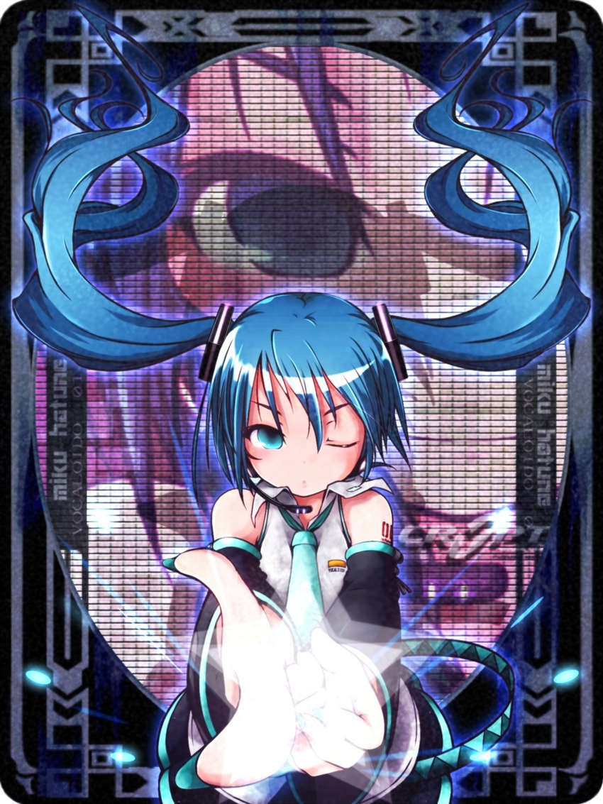 akino_coto blue_eyes blue_hair detached_sleeves hatsune_miku highres long_hair md5_mismatch necktie one_eye_closed solo very_long_hair vocaloid