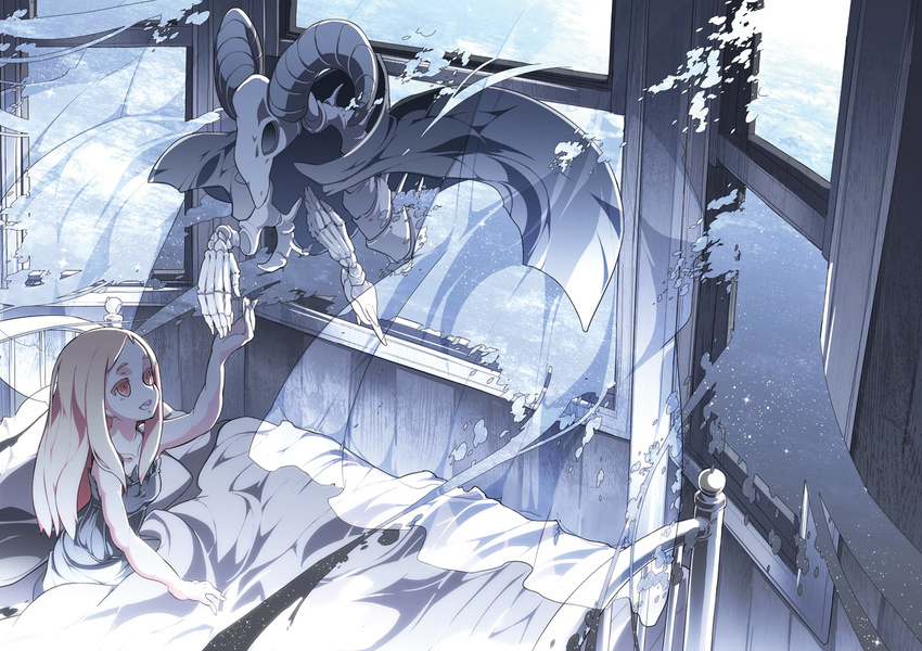 arm_up asakura_masatoki bed blanket blonde_hair cape curtains demon dress long_hair open_mouth original skeleton skull smile window yellow_eyes