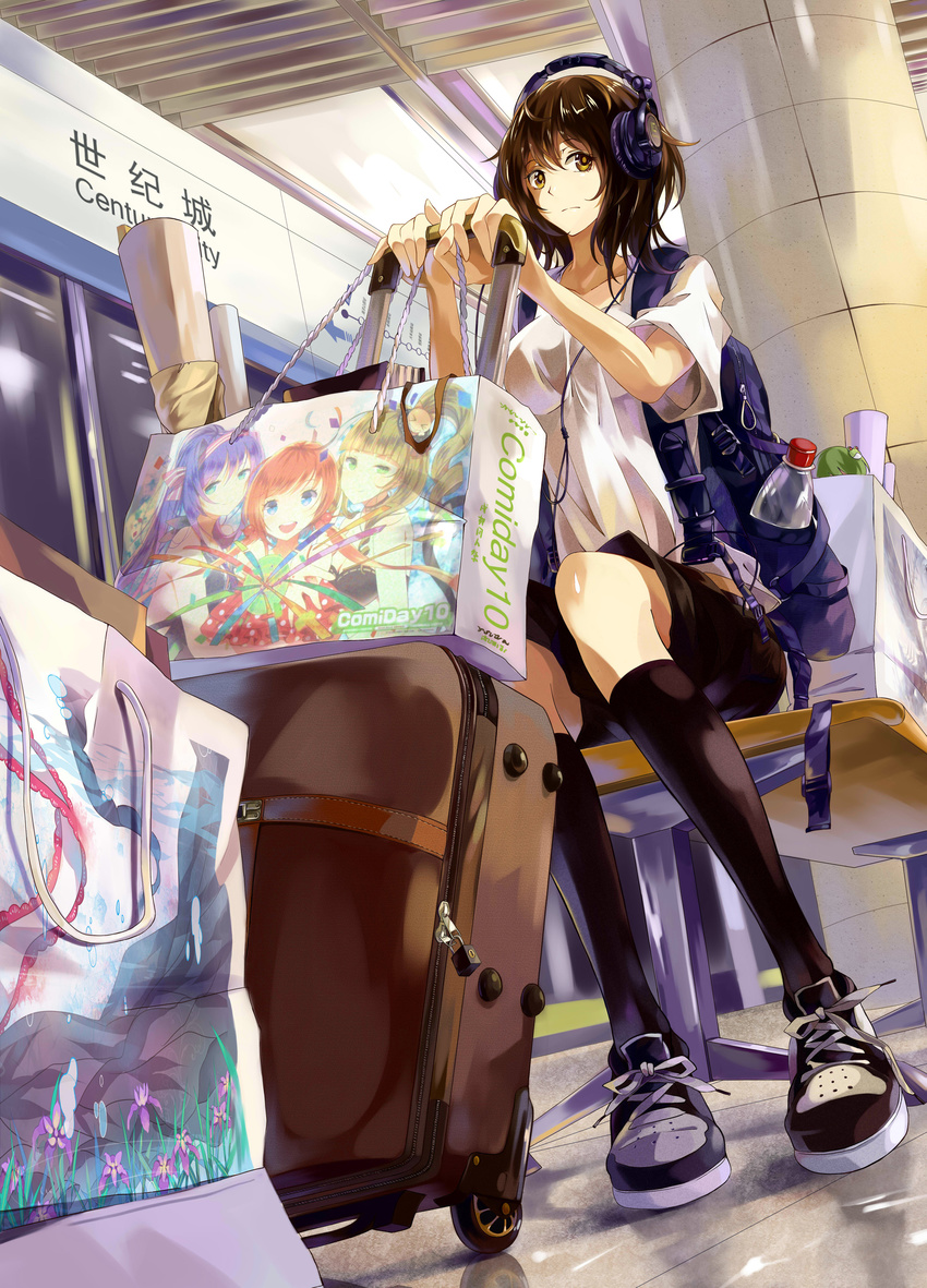 absurdres bag bottle brown_hair headphones highres holding lock neko_(yanshoujie) original padlock shirt short_hair sitting solo suitcase ultrasone white_shirt yellow_eyes