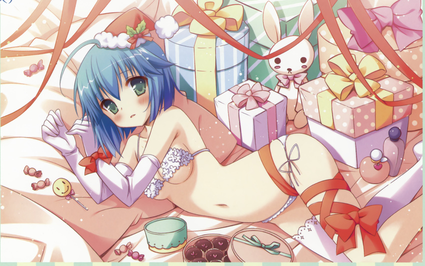 blue_hair bra breasts christmas circus_(studio) da_capo green_eyes highres inugahora_an mizukoshi_mako string_panties underboob underwear