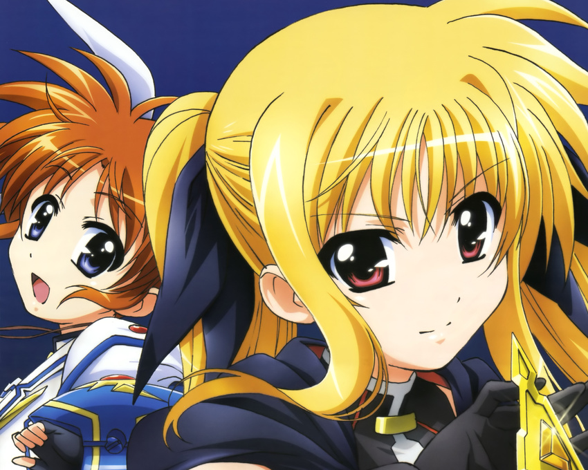 2girls blonde_hair blue_eyes brown_hair cape fate_testarossa gloves long_hair mahou_shoujo_lyrical_nanoha mahou_shoujo_lyrical_nanoha_the_movie_2nd_a's megami red_eyes short_hair takamachi_nanoha