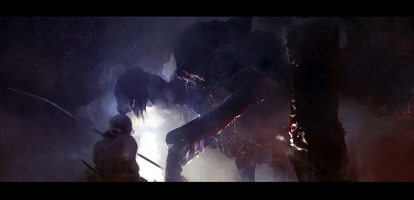 concept_art from_behind from_below giant_monster levente_peterffy monster original weapon widescreen