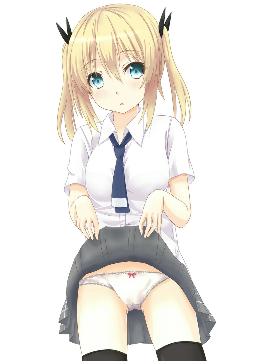 black_legwear blonde_hair blue_eyes blush dress_shirt highres necktie open_mouth original panties saku_(kudrove) shirt skirt skirt_lift solo thighhighs two_side_up underwear white_panties