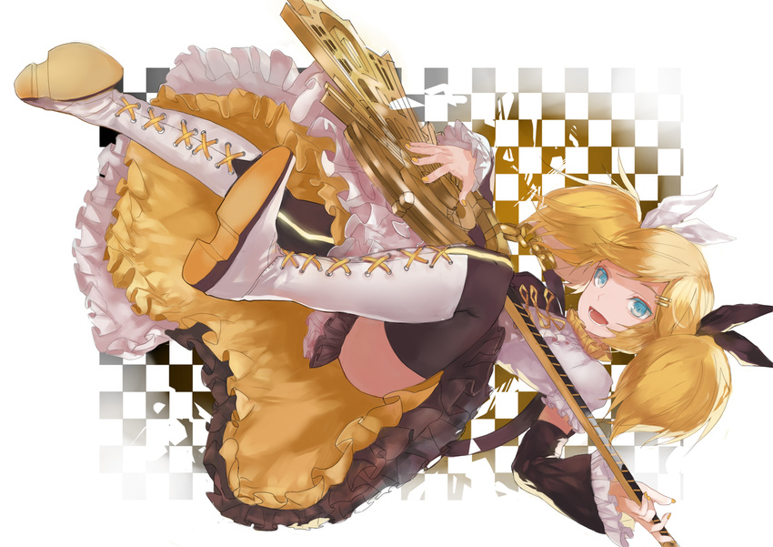 :d bad_id bad_pixiv_id black_legwear blonde_hair blue_eyes boots checkered checkered_background detached_sleeves holding instrument kagamine_rin open_mouth ran_(pixiv2957827) roshin_yuukai_(vocaloid) smile solo thighhighs twintails vocaloid