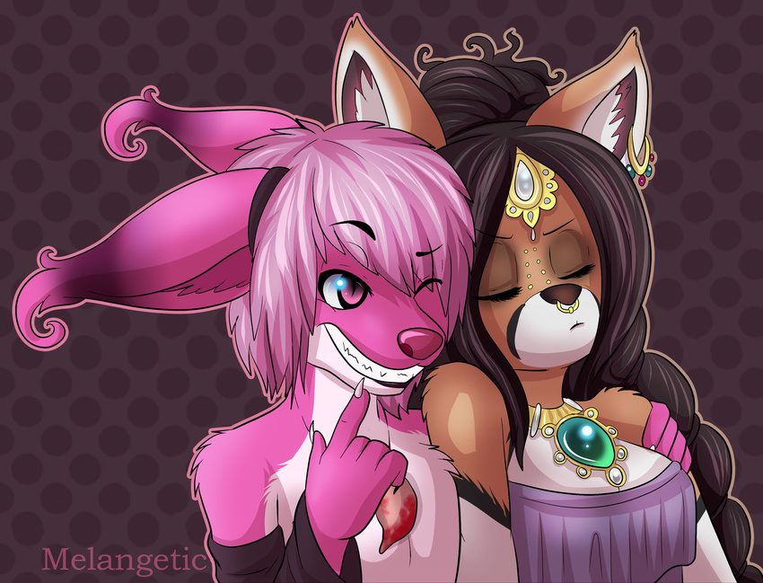 canine duo female friends fur hair jewelry male mammal meat_necklace melangetic mr._everitt pink pink_fur pink_hair pouting raccoon smile tan