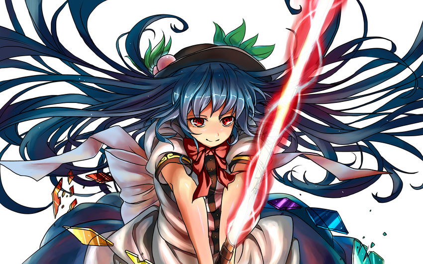 bad_id bad_pixiv_id blue_hair bow food fruit hat highres hinanawi_tenshi leaf long_hair peach puffy_sleeves rayquaza0820 red_eyes short_sleeves smile solo sword sword_of_hisou touhou weapon