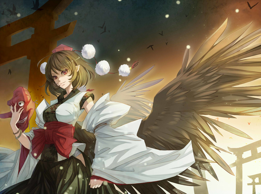 bird brown_hair duplicate hat highres igneous25 japanese_clothes lord_tenma mask pointy_ears red_eyes resized short_hair smile solo tengu_mask tokin_hat torii touhou wings