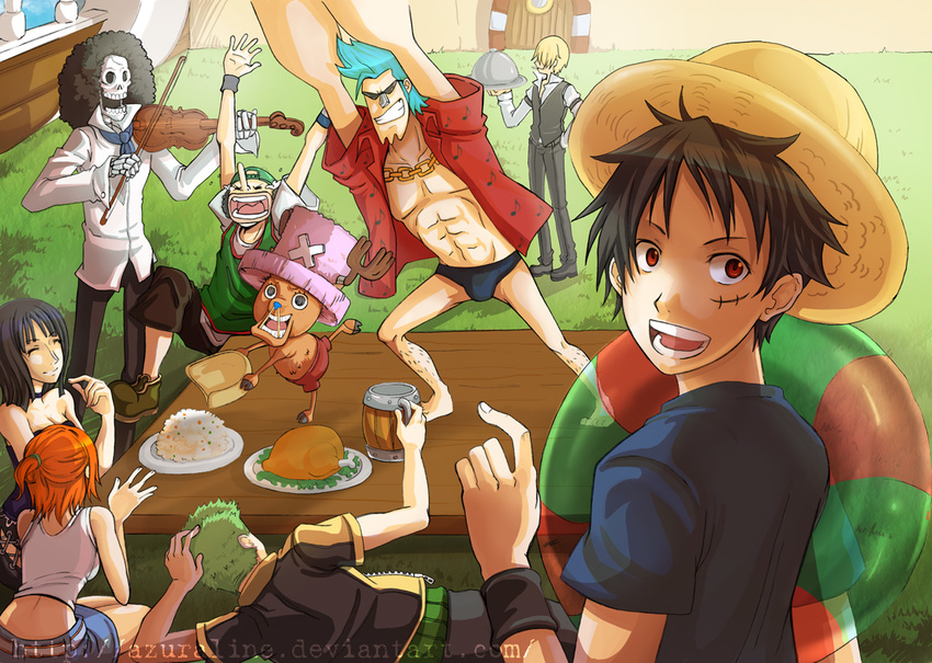 2girls 6+boys 6boys afro black_hair blonde_hair blue_hair brook chef cigarette cup cyborg food franky green_hair hair_over_one_eye hand_in_pocket haramaki hat innertube instrument male monkey_d_luffy mug multiple_boys multiple_girls nami nami_(one_piece) nico_robin one_piece open_clothes open_shirt orange_hair outdoors plate railing reindeer roronoa_zoro sanji scar ship shirt sitting skeleton skull smoking speedo straw_hat sunglasses swim_briefs table thousand_sunny tony_tony_chopper usopp violin x_(symbol)