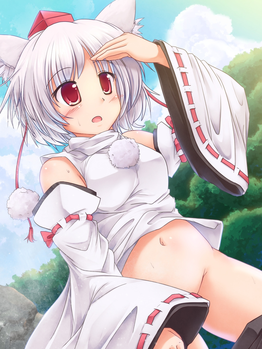 animal_ears arm_up blue_sky blush bottomless censored cloud convenient_censoring day detached_sleeves forest hat highres inubashiri_momiji long_sleeves lzh nature navel no_panties open_mouth red_eyes shading_eyes short_hair silver_hair sky solo sweat tokin_hat touhou wide_sleeves wolf_ears