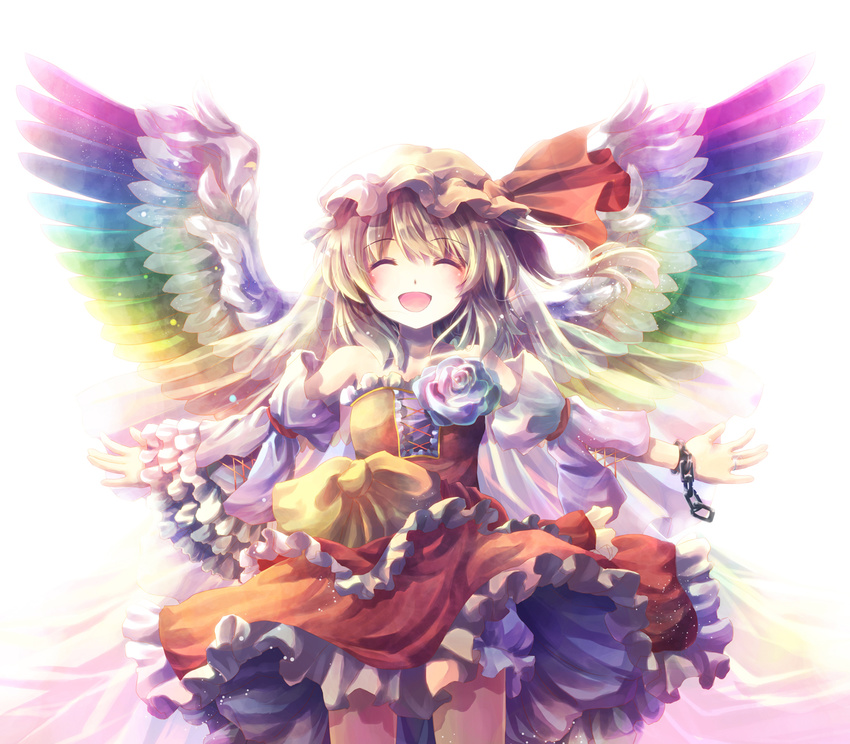 :d ^_^ alternate_costume alternate_wings blonde_hair closed_eyes colorful cuffs detached_sleeves dress flandre_scarlet flower hat hat_ribbon highres niichi_(komorebi-palette) open_mouth ribbon shackles short_hair side_ponytail smile solo touhou white_background wings