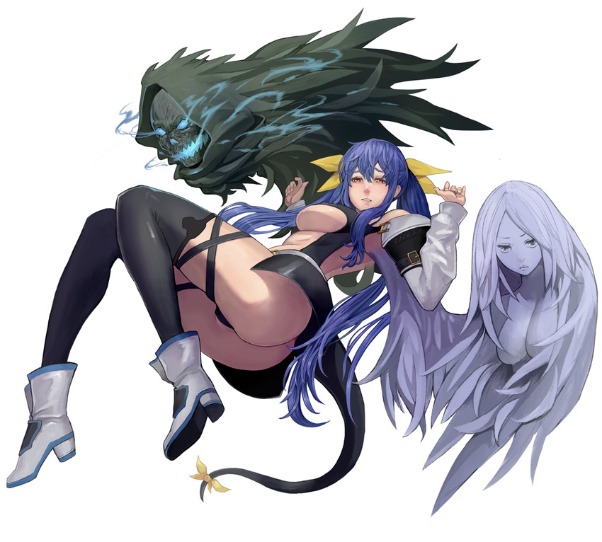 ass asymmetrical_wings bare_shoulders blue_hair boots bow breasts cameltoe covered_nipples detached_sleeves dizzy guilty_gear hair_bow hidezi high_heels large_breasts legs long_hair navel necro_(guilty_gear) open_mouth red_eyes ribbon shoes tail tail_ribbon thighhighs underboob undine_(guilty_gear) very_long_hair wings