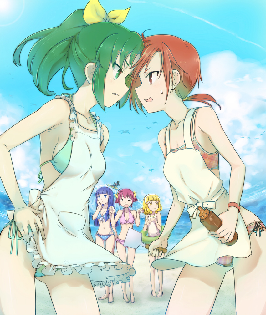 aoki_reika apron beach bikini blonde_hair blue_eyes blue_hair blush bottle faceoff green_eyes green_hair hairband hand_on_hip highres hino_akane_(smile_precure!) holding hoshizora_miyuki innertube kise_yayoi long_hair midorikawa_nao minatsuki_randoseru multiple_girls o_o pink_hair plaid plaid_bikini polka_dot polka_dot_bikini polka_dot_swimsuit ponytail precure red_eyes red_hair sauce short_hair short_ponytail smile_precure! spatula squeeze_bottle surfboard swimsuit white_hairband yellow_eyes