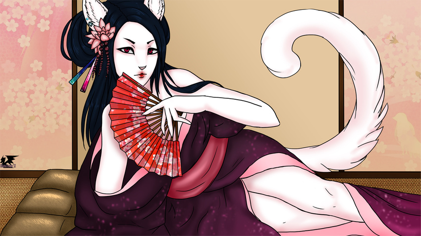 animal_ears black_hair eliana-asato fan female geisha hair japan japanese_clothing lotos multicolored_clothing pink purple red_eyes wallpaper white white_cat yukata