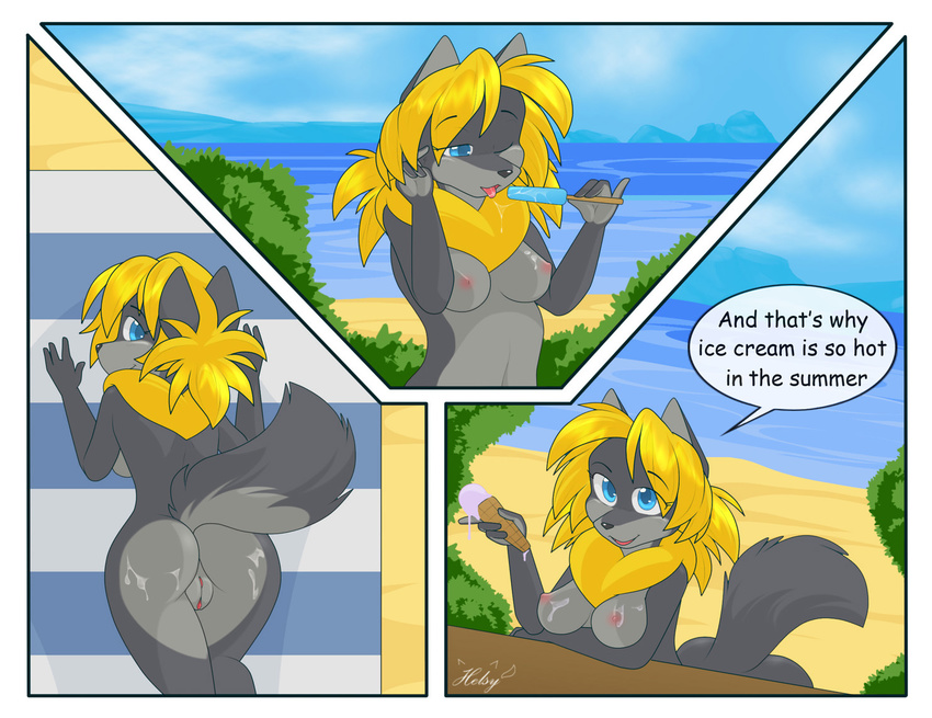 blonde_hair breasts canine comic dialog dialogue english_text female furry_wolf hair helsy ice_cream lafille lefille mammal messy nude popsicle pussy seaside solo text wolf