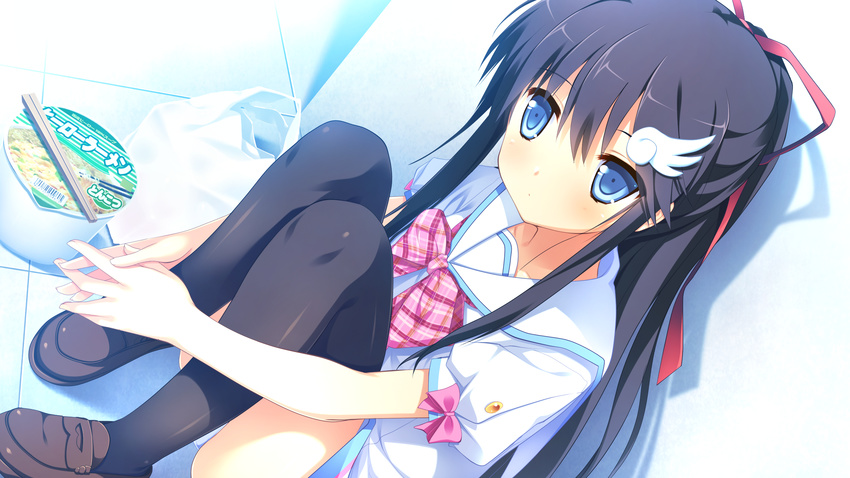 bag black_hair black_legwear blue_eyes bow chopsticks cup_ramen food game_cg hair_ribbon highres hondou_ayano long_hair naka_no_hito_nado_inai! nimura_yuuji noodles panties ramen ribbon school_uniform serafuku sitting solo thighhighs underwear white_panties