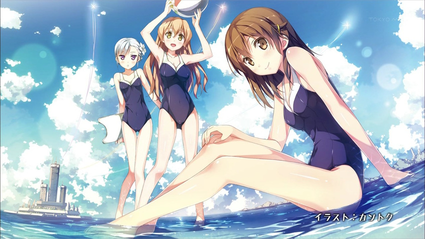 armpits ball bare_shoulders barefoot beachball blue_hair brown_eyes brown_hair cloud day end_card fin_e_ld_si_laffinty flower hair_flower hair_ornament kantoku kickboard kyouno_madoka legs lens_flare muginami multiple_girls non-web_source one-piece_swimsuit orange_hair outdoors partially_submerged purple_eyes rinne_no_lagrange screencap sitting sky standing swimsuit wading water yellow_eyes