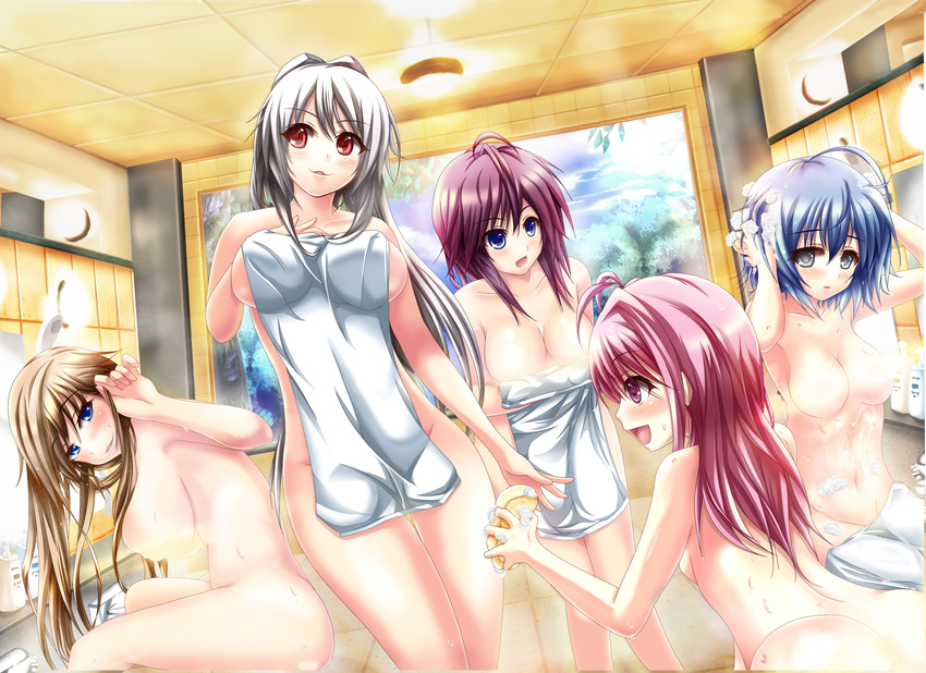 absurdres ahoge antenna_hair blonde_hair blue_eyes blue_hair blush breasts censored cleavage convenient_censoring highres impossible_towel large_breasts long_hair mijinko_(b@d_luckers) multiple_girls open_mouth original pink_hair red_eyes red_hair silver_hair sponge steam steam_censor towel washing_hair