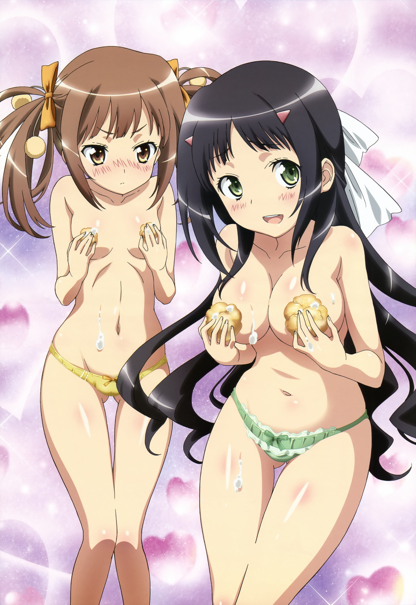 absurdres black_hair blush bow bow_panties breast_envy breasts brown_eyes brown_hair censored cleavage convenient_censoring cream food frilled_panties frills green_eyes green_panties hair_bow highres kannagi_miyabi kataoka_hideyuki kono_naka_ni_hitori_imouto_ga_iru! legs long_hair medium_breasts multiple_girls no_bra non-web_source nyantype official_art open_mouth panties small_breasts topless tsuruma_konoe twintails underwear very_long_hair yellow_panties