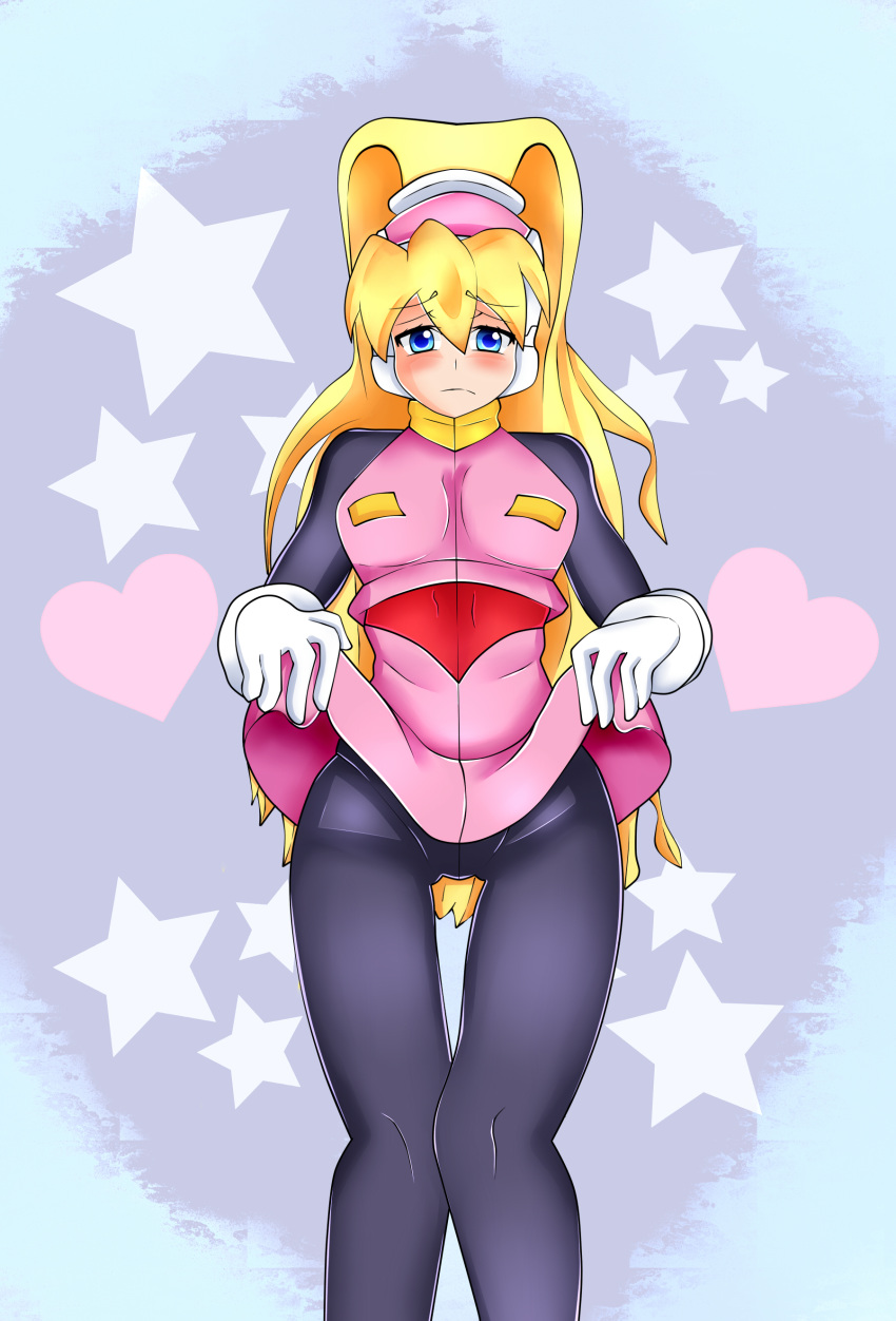 1girl black_legwear blonde_hair blue_eyes blush bodystocking bodysuit breasts capcom ciel_(rockman) dress gloves heart high_ponytail legs lluanhyperzero long_hair looking_at_viewer panties ponytail pussy rockman rockman_zero simple_background skirt solo underwear