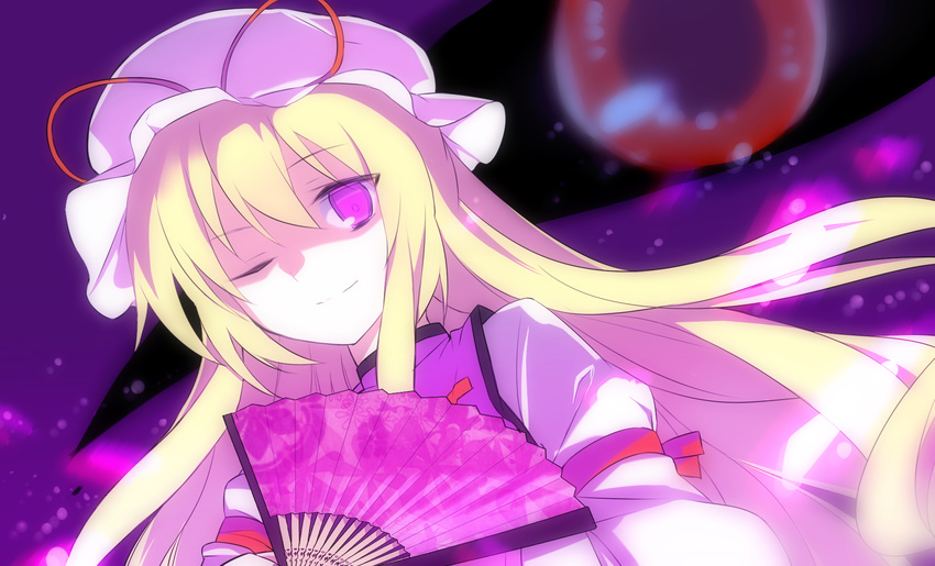 bad_id bad_pixiv_id blonde_hair eyes fan folding_fan funamushi_nomore gap hat hat_ribbon highres long_hair mob_cap one_eye_closed puffy_sleeves purple_eyes red_eyes ribbon smile solo tabard touhou yakumo_yukari