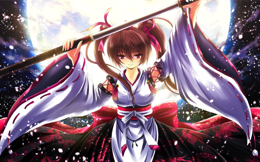 alternate_costume bow brown_hair detached_sleeves full_moon hat highres himekaidou_hatate kourindou_tengu_costume long_hair moon nekominase obi petals purple_eyes sash scabbard sheath smile solo sword tokin_hat touhou twintails unsheathing weapon wide_sleeves