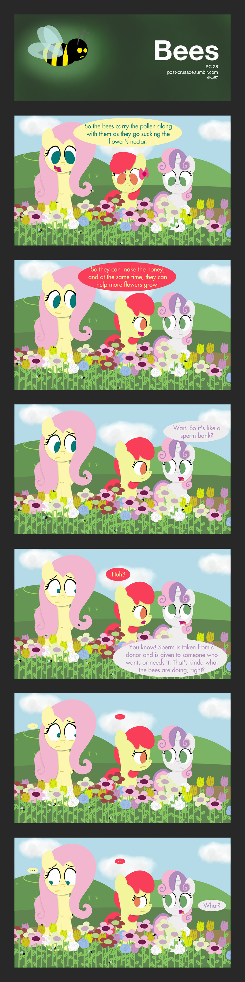 arthropod bee comic cub cutie_mark_crusaders_(mlp) dtcx97 english_text equine female feral field flower fluttershy_(mlp) friendship_is_magic group hair horn horse insect mammal my_little_pony pegasus pony scootaloo_(mlp) sweetie_belle_(mlp) text unicorn wings young